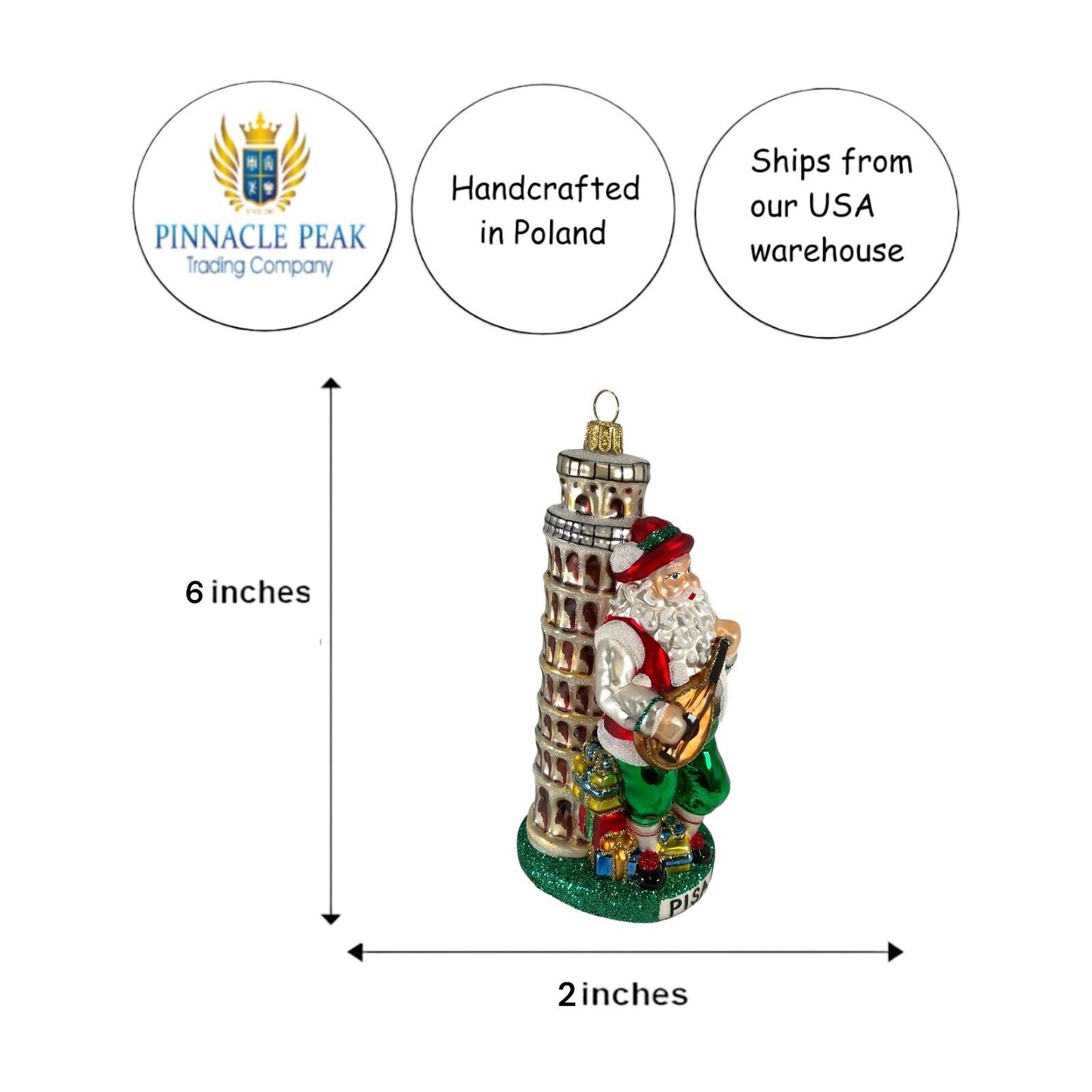 Pinnacle Peak Trading Italy Leaning Tower of Pisa Santa Polish Mouth Blown Glass Christmas Ornament