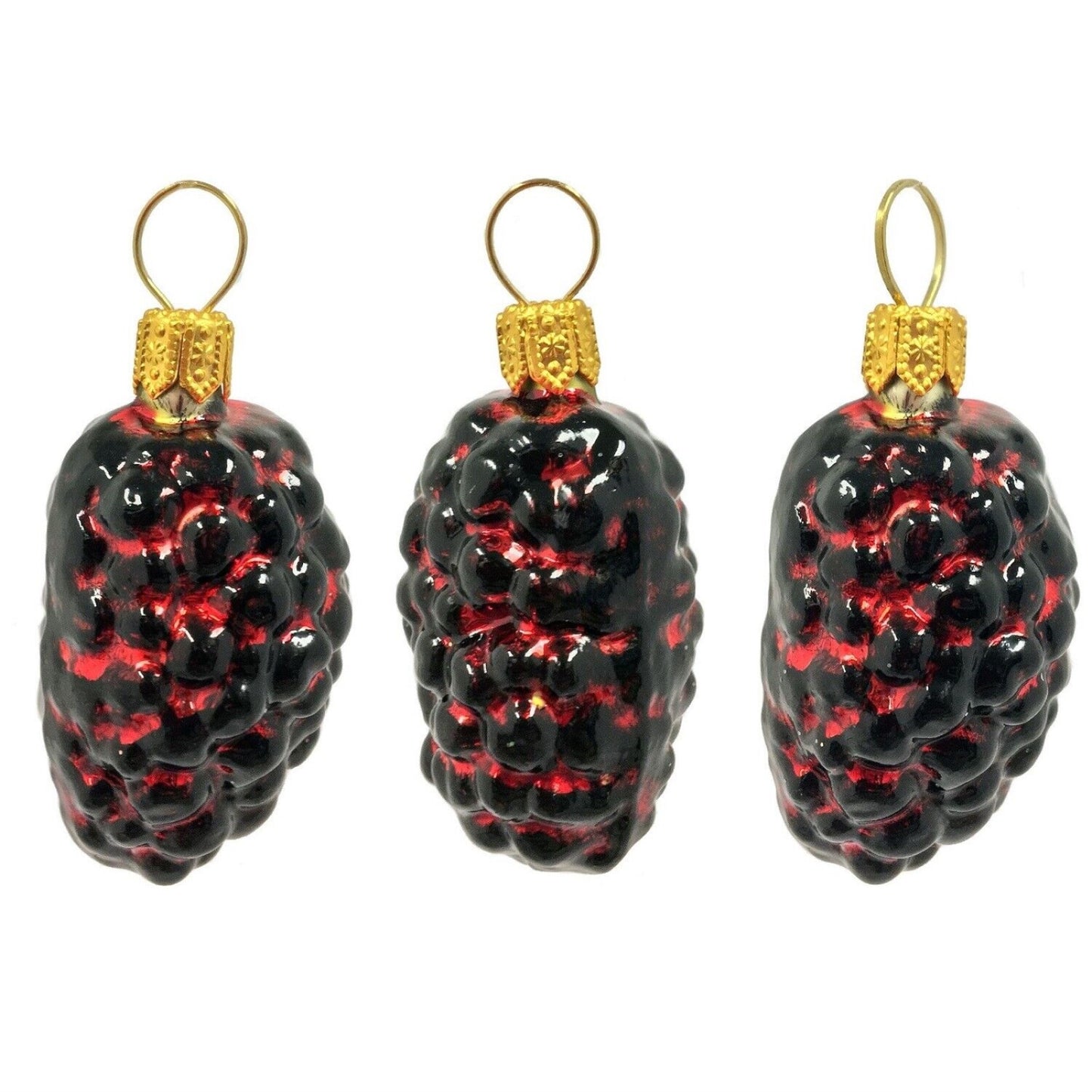 Red and Black Mulberries Polish Glass Christmas Ornament Set of 3 Mulberry Fruit