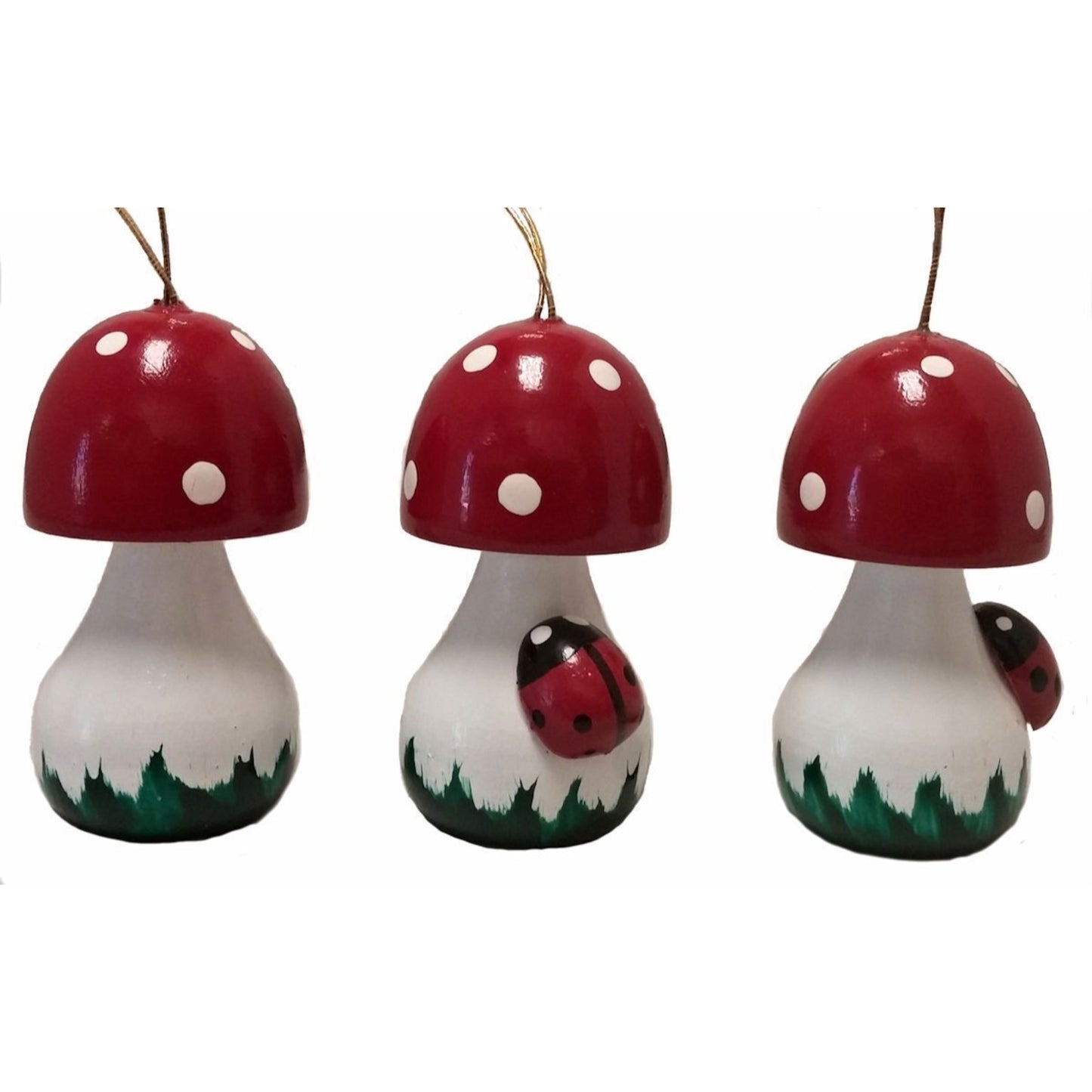 Red Mushroom with Ladybug German Wood Christmas Ornament Set Made in Germany