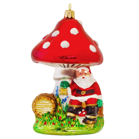 Dwarf Santa Claus Sitting Under Mushroom Polish Glass Christmas Tree Ornament