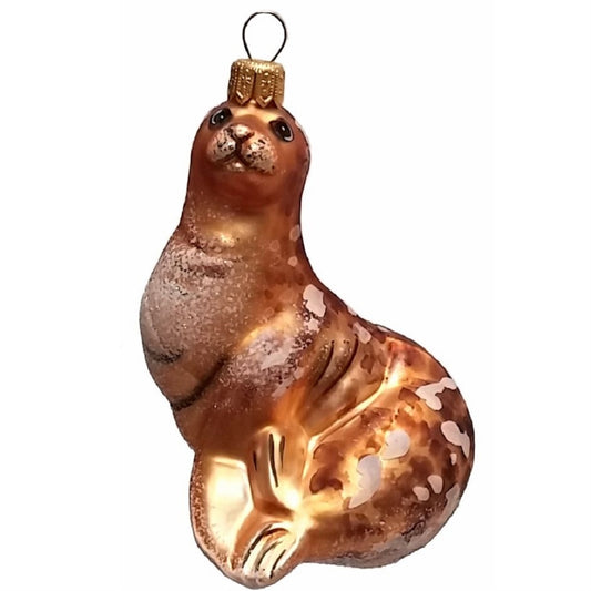 Brown Spotted Seal Polish Blown Glass Christmas Ornament Decoration