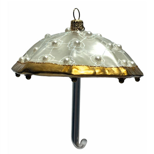Gold and White Umbrella Polish Glass Christmas Tree Ornament Made in Poland