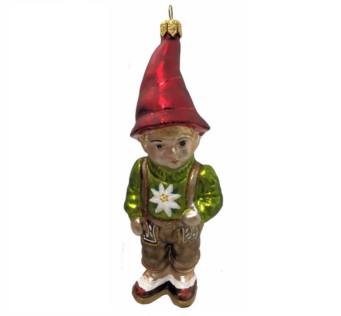 German Alpine Boy with Edelweiss Sweater Polish Glass Christmas Tree Ornament