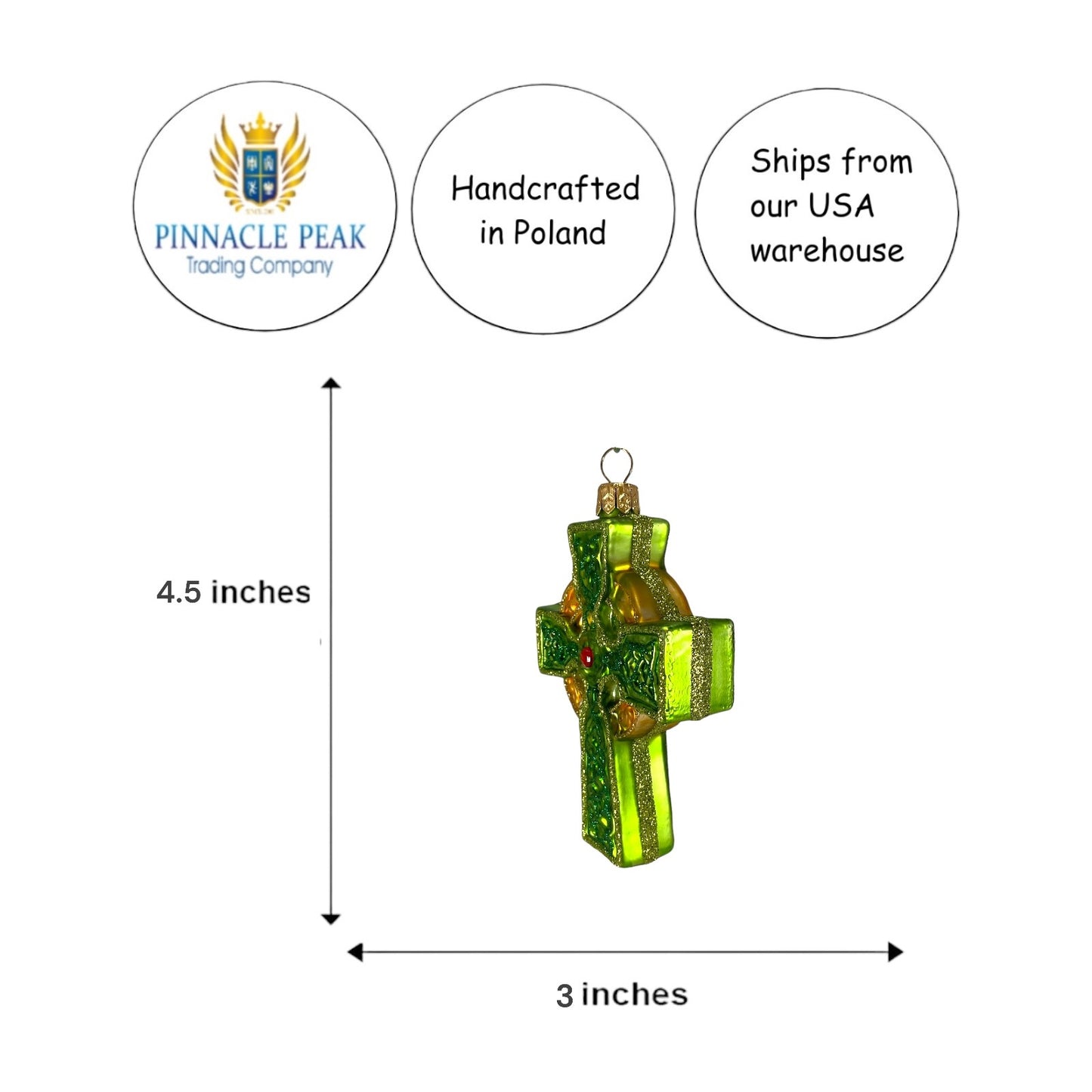 Pinnacle Peak Trading Green and Gold Celtic Cross Polish Glass Christmas Ornament Irish Decoration