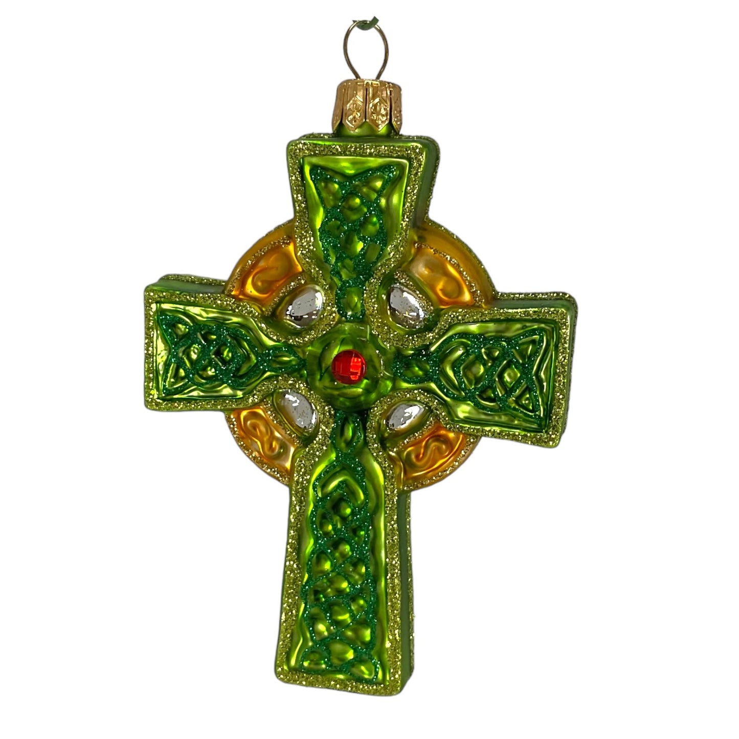 Pinnacle Peak Trading Green and Gold Celtic Cross Polish Glass Christmas Ornament Irish Decoration