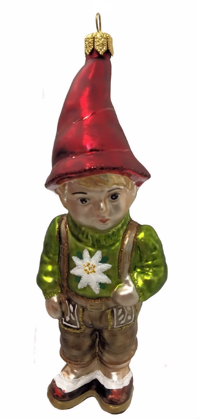 German Alpine Boy with Edelweiss Sweater Polish Glass Christmas Tree Ornament