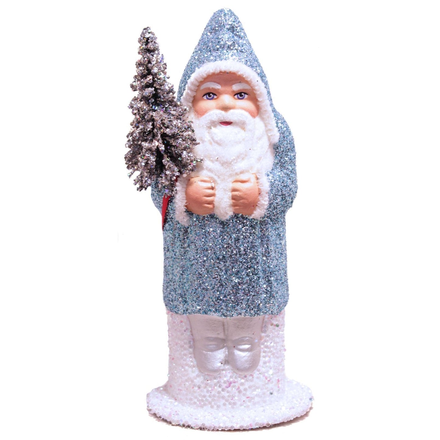 Ino Schaller Santa in Ice Blue Glitter Coat with Silver Tree German Paper Mache
