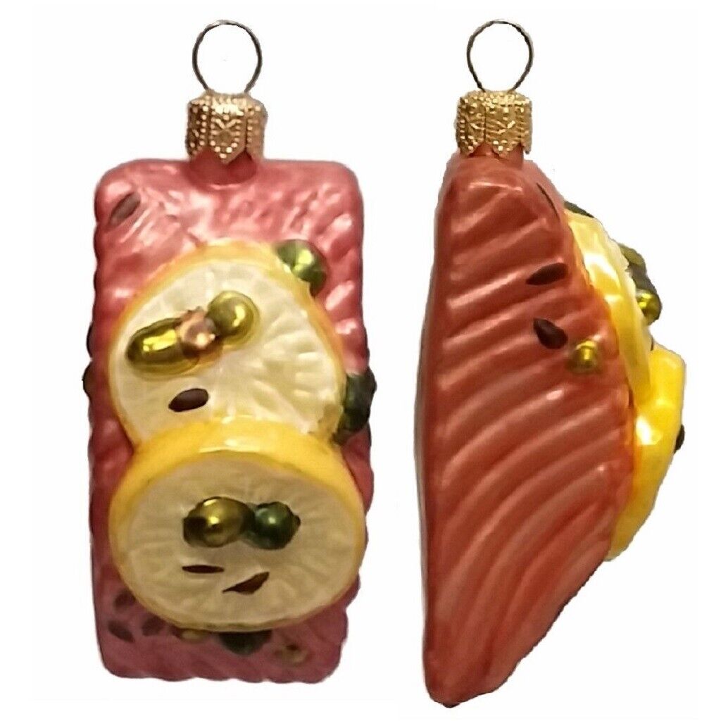 Slice of Salmon with Lemon Polish Glass Christmas Ornament Set of 2 Decorations