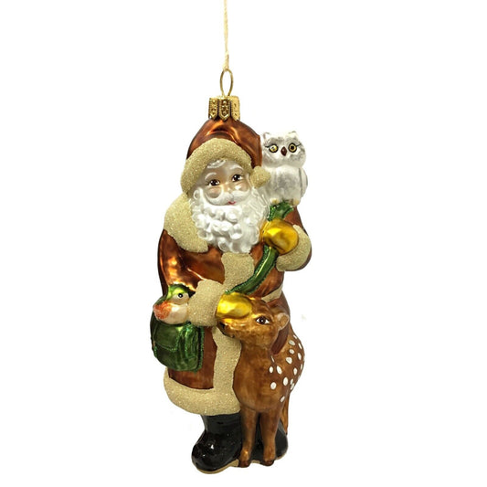 Woodland Forest Santa with Owl and Deer Polish Glass Christmas Tree Ornament
