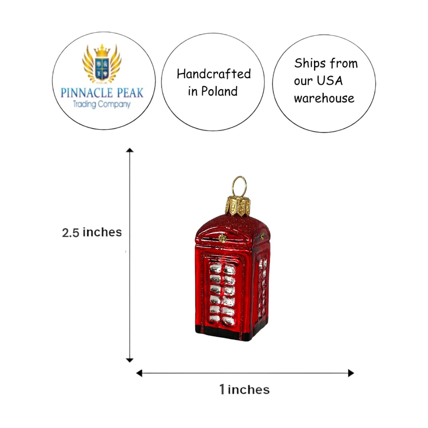Pinnacle Peak Trading English Telephone Booth Mini Polish Glass Christmas Ornament UK England 2.5 inch