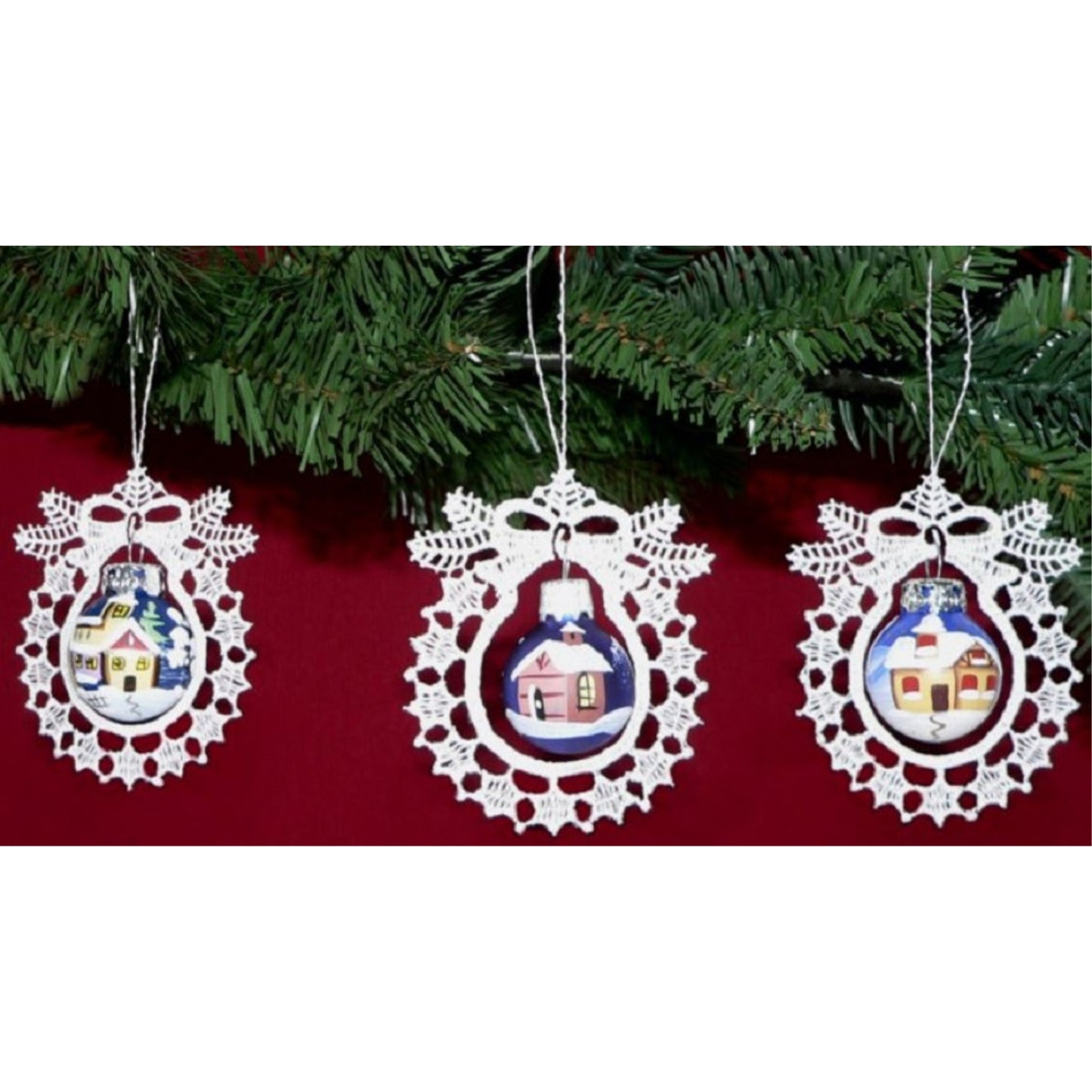 Winter Scene Blue Glass Ball and German Lace Christmas Tree Ornament Set of 3