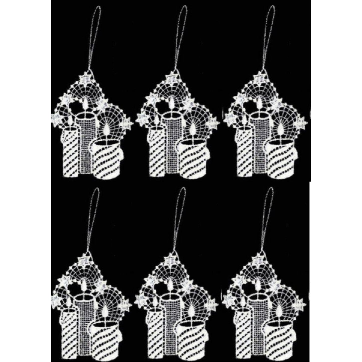 Three Candles Christmas Tree German Lace Ornament Hangers Set of 6