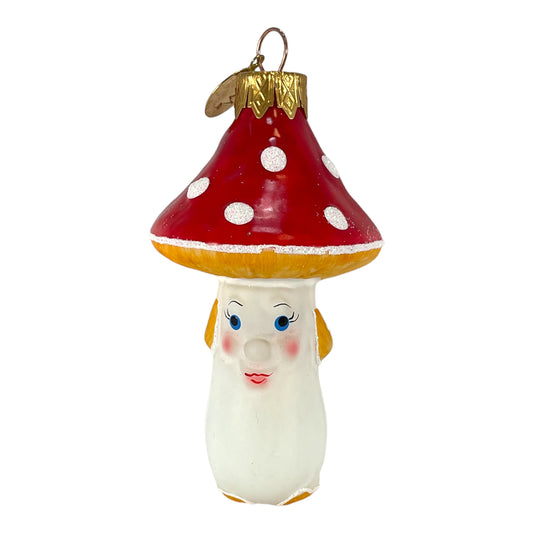 Red White Smiling Mushroom Vintage Look German Glass Christmas Ornament 4 Inch
