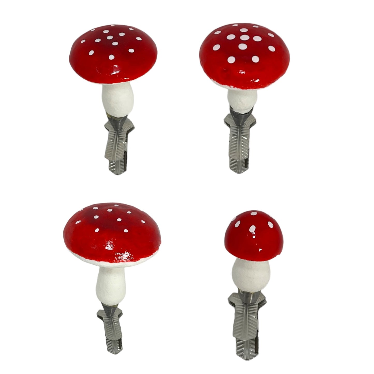 Red Toadstool Mushrooms German Paper Mache Christmas Tree Ornaments Set of 4