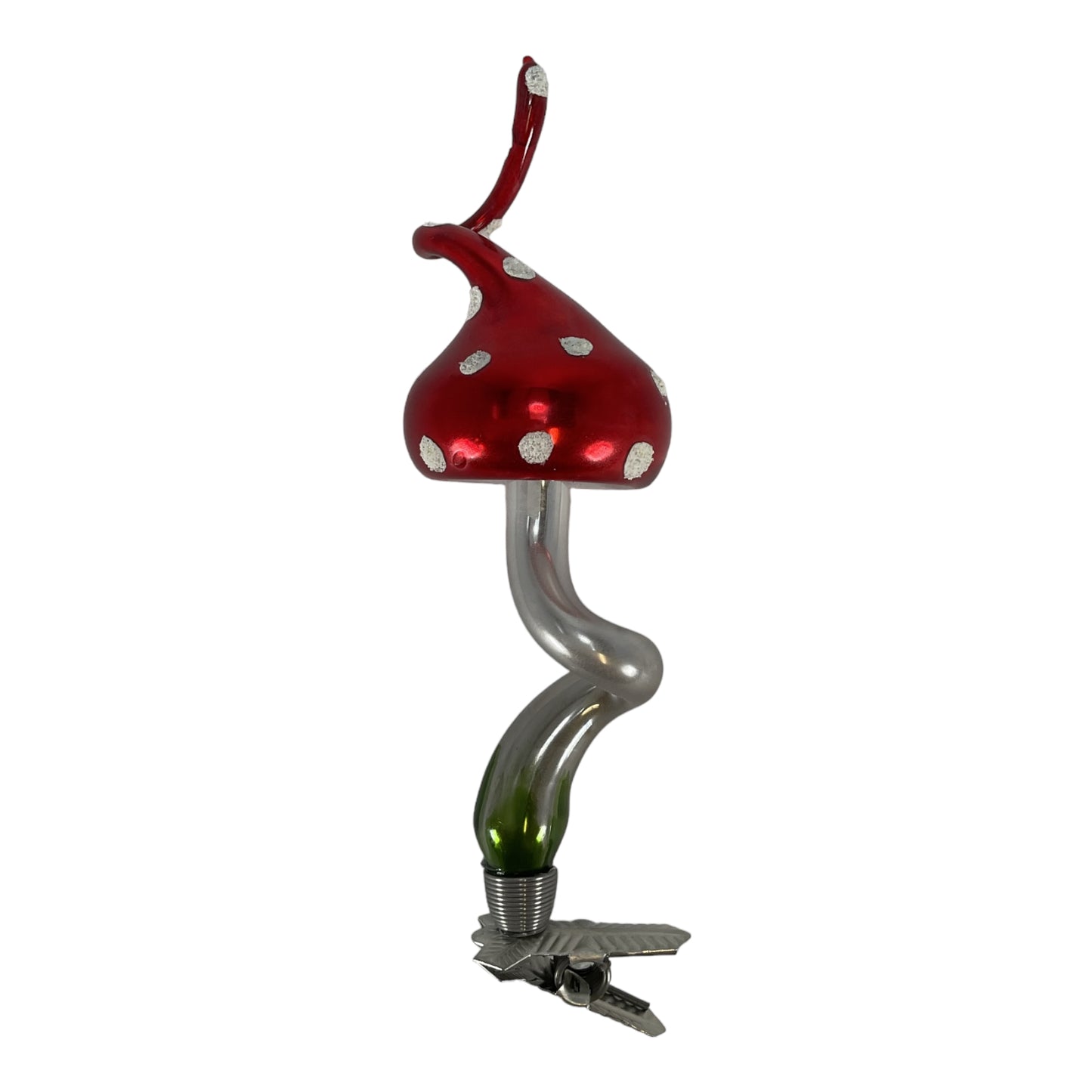 Red Toadstool Mushroom with Twisted Top German Glass Christmas Ornament 5 Inch