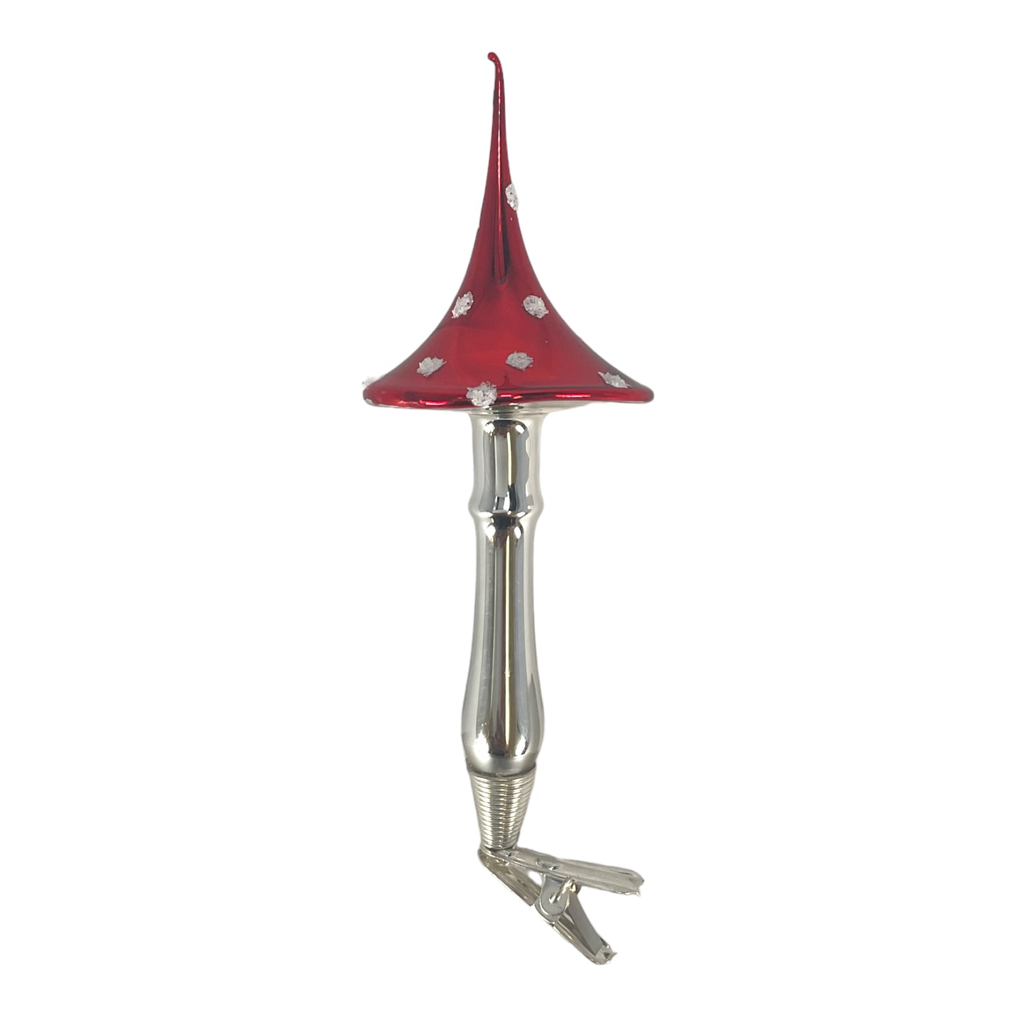 Red Toadstool Mushroom with Pointed Top German Glass Christmas Ornament 5 Inch