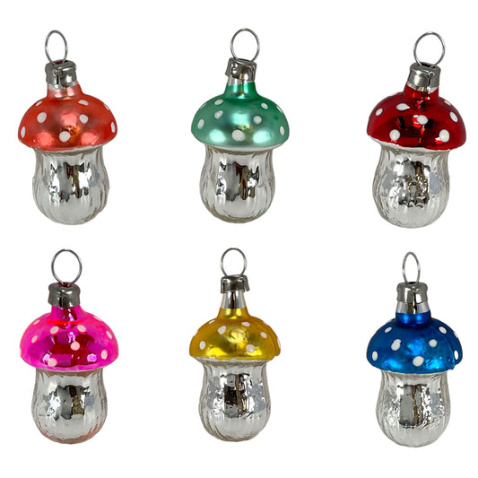 Mini Multicolor Mushroom Vintage Look German Glass Christmas Ornaments Set of 6