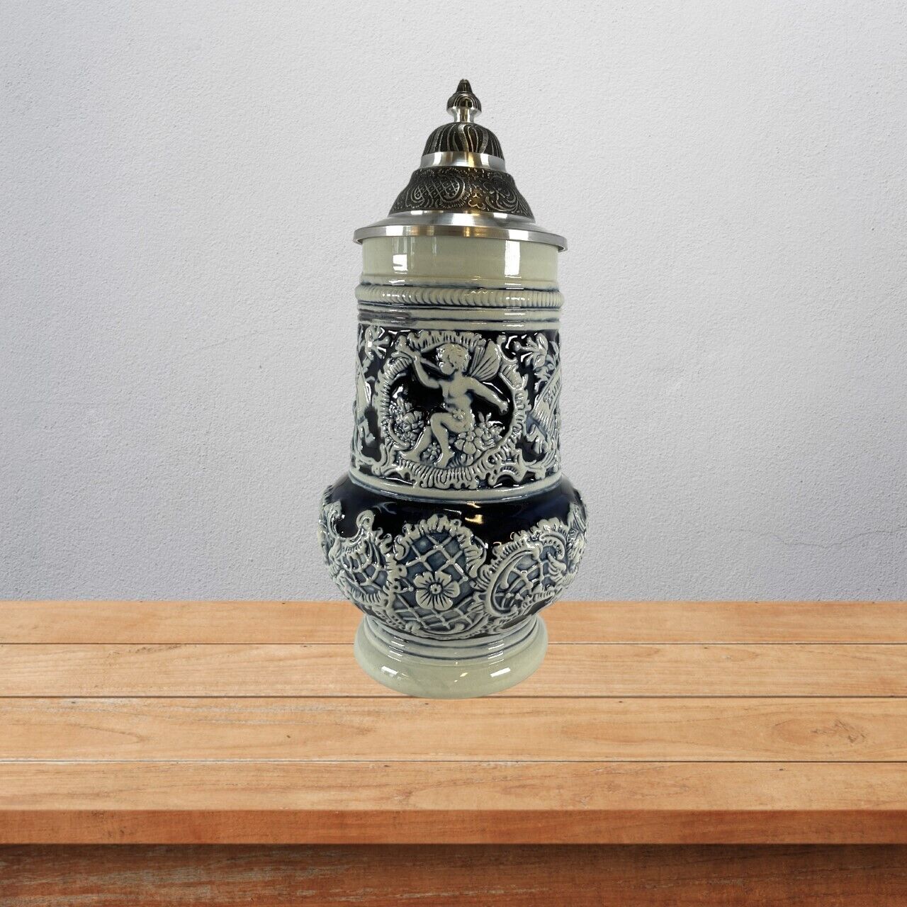 Rococo Angel with Trumpet LE Blue Relief German Beer Stein .5L Made in Germany