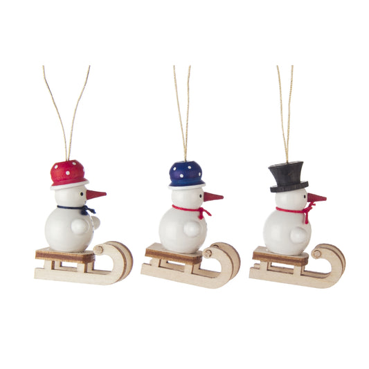 Pinnacle Peak Trading German Wood Hanging Snowman Trio on Sleigh Ornament 1.5 In