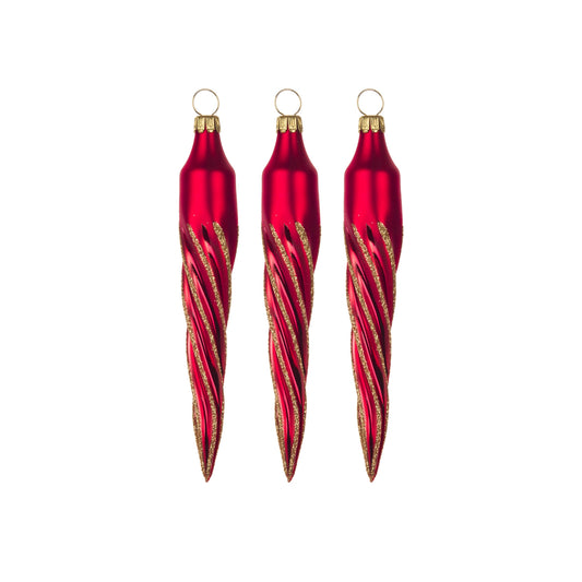 Pinnacle Peak Trading German Glass Matte Red Icicle Ornament 3 Piece set 5 Inch