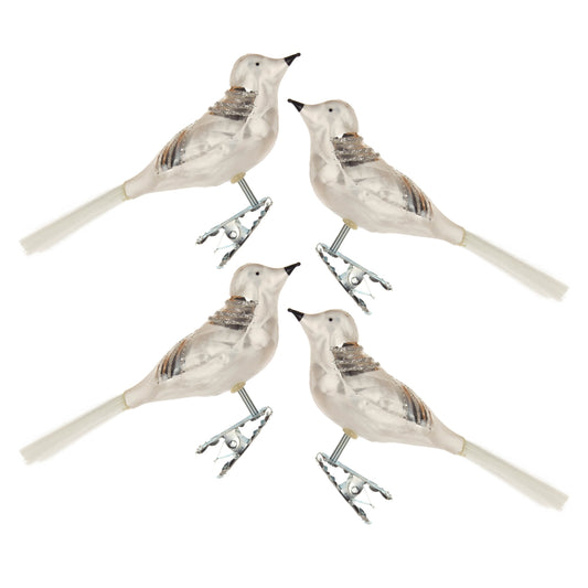 Pinnacle Peak Trading German Glass Ice White Bird Ornament 4 Piece set 5 Inch