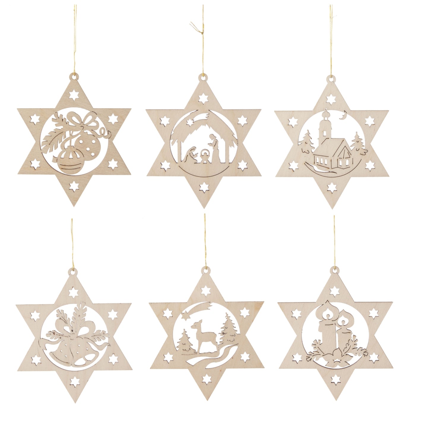 Pinnacle Peak Trading German Wood Christmas Motif Star Ornament 6 Piece Set 3 In