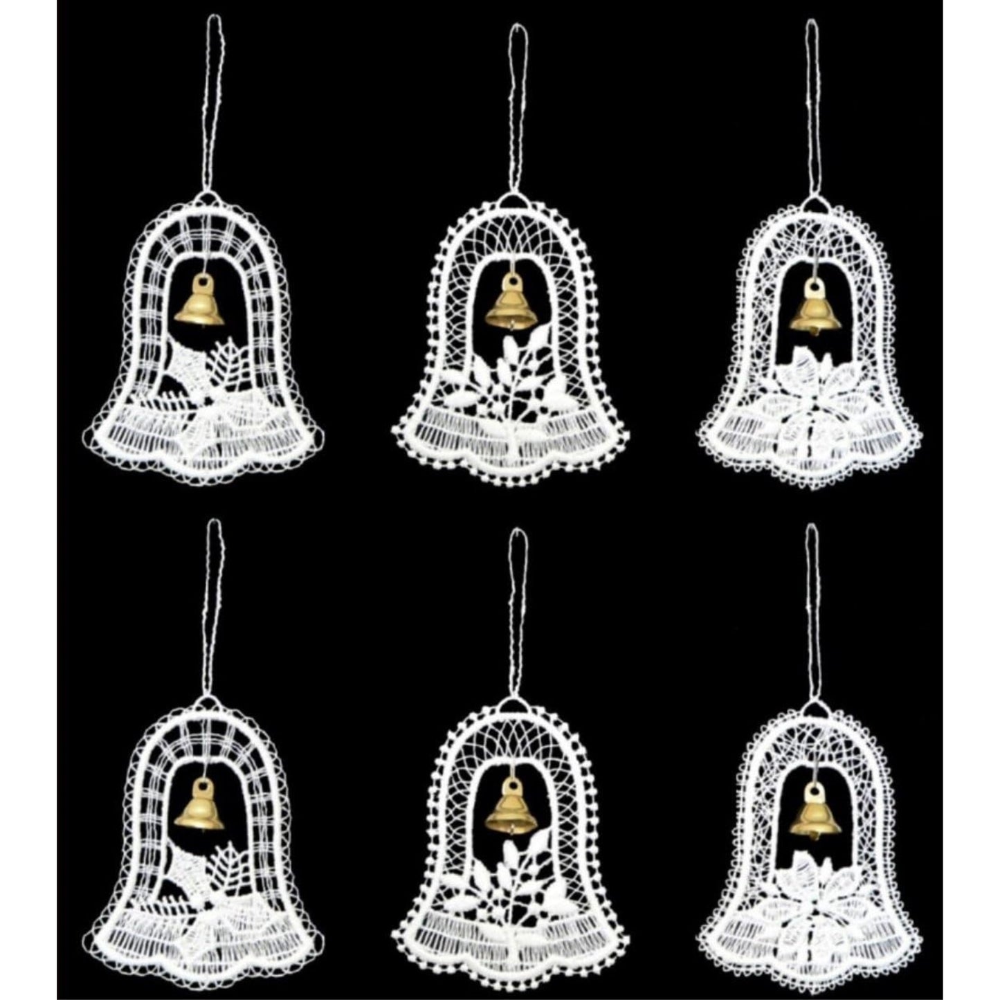 German Lace Bells with Metal Bells Christmas Tree Ornaments Set of 6 Decorations