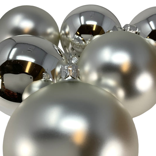 Pinnacle Peak Trading Silver Shiny and Matte Polish Glass 80mm Ball Bauble Ornaments 6 Piece Made in Poland 3.1 Inch