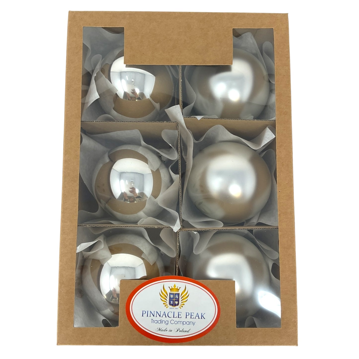 Pinnacle Peak Trading Silver Shiny and Matte Polish Glass 80mm Ball Bauble Ornaments 6 Piece Made in Poland 3.1 Inch