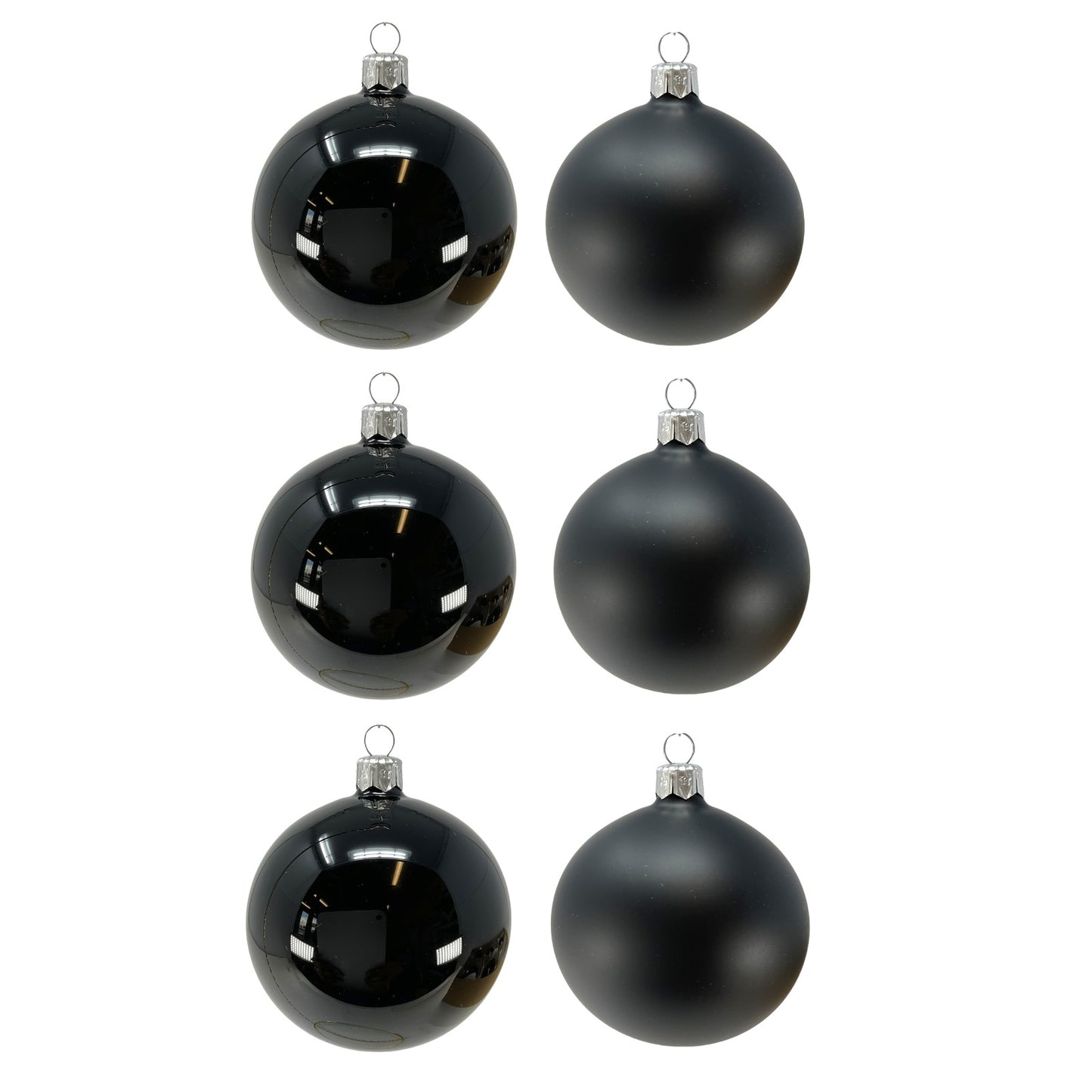 Pinnacle Peak Trading Black Shiny and Matte Polish Glass 80mm Ball Bauble Ornaments 6 Piece Made in Poland 3.1 Inch