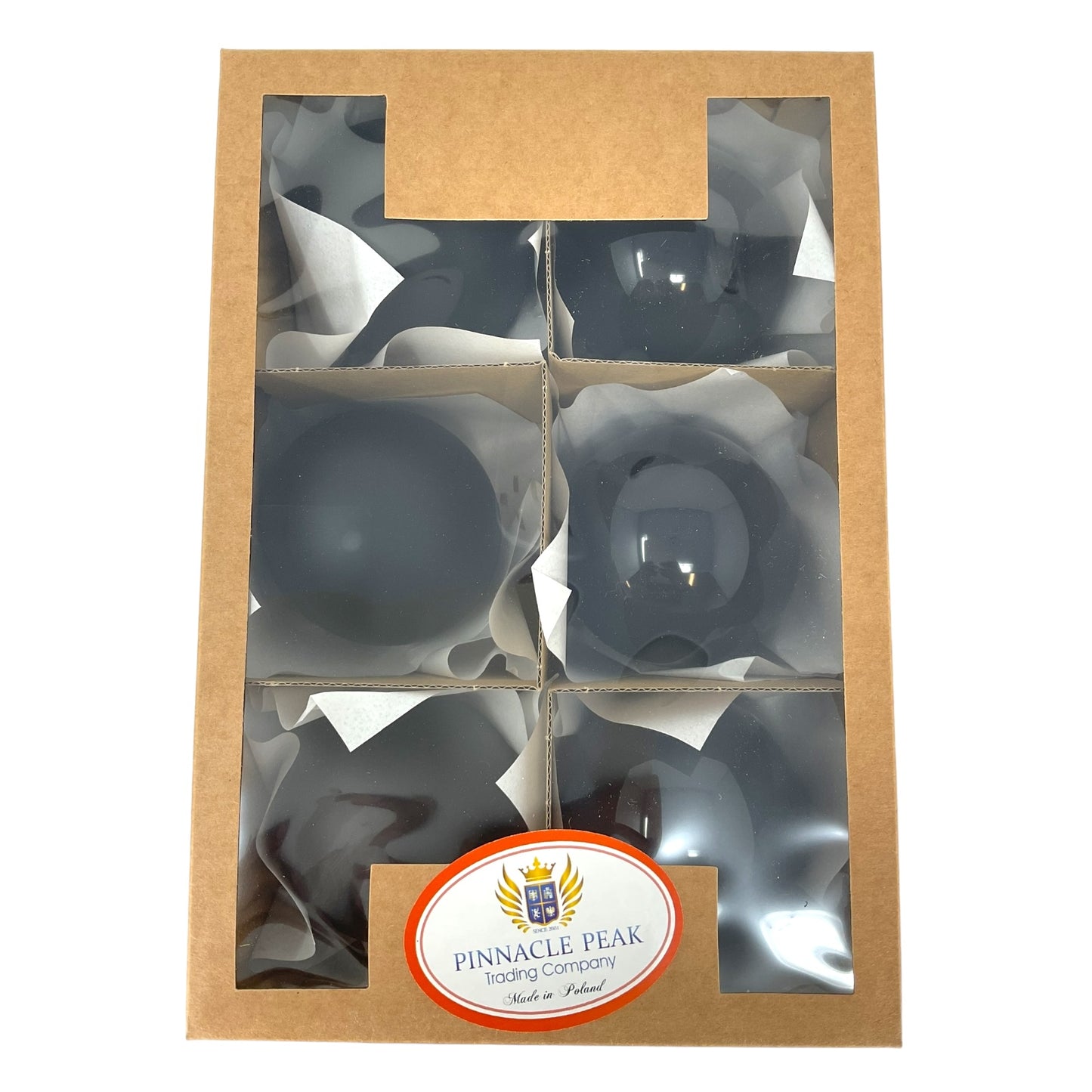Pinnacle Peak Trading Black Shiny and Matte Polish Glass 80mm Ball Bauble Ornaments 6 Piece Made in Poland 3.1 Inch