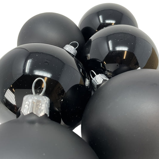 Pinnacle Peak Trading Black Shiny and Matte Polish Glass 80mm Ball Bauble Ornaments 6 Piece Made in Poland 3.1 Inch