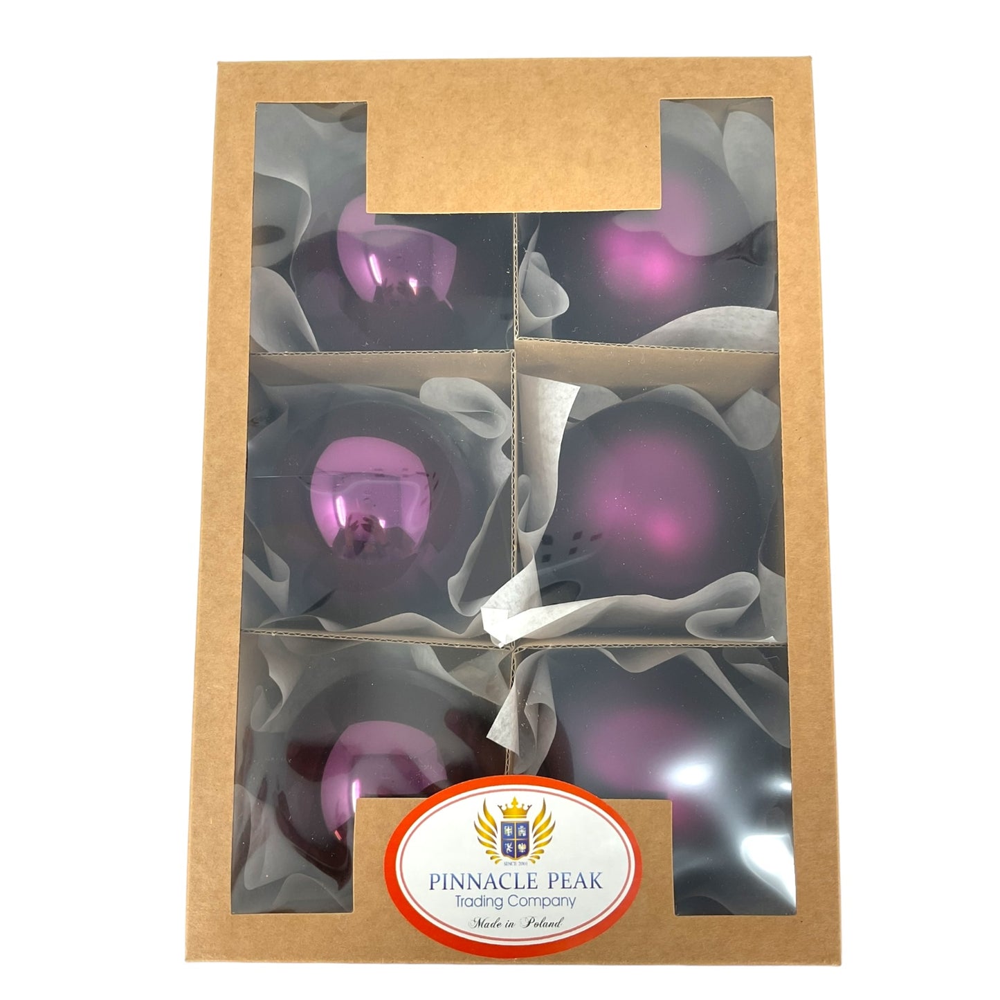 Pinnacle Peak Trading Dark Purple Shiny and Matte Polish Glass 80mm Ball Bauble Ornaments 6 Piece Made in Poland 3.1 Inch