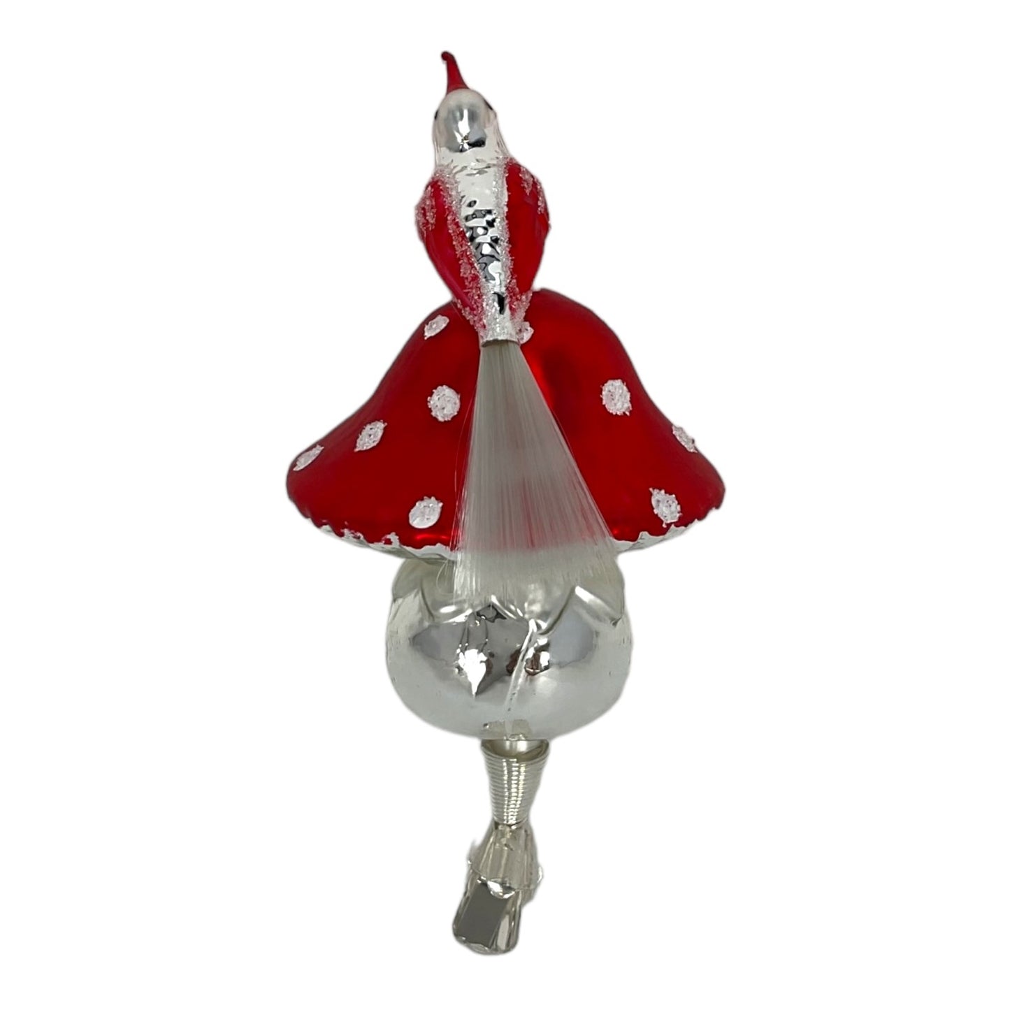 Red Top Mushroom with Bird Perched on Top Clip Ornament