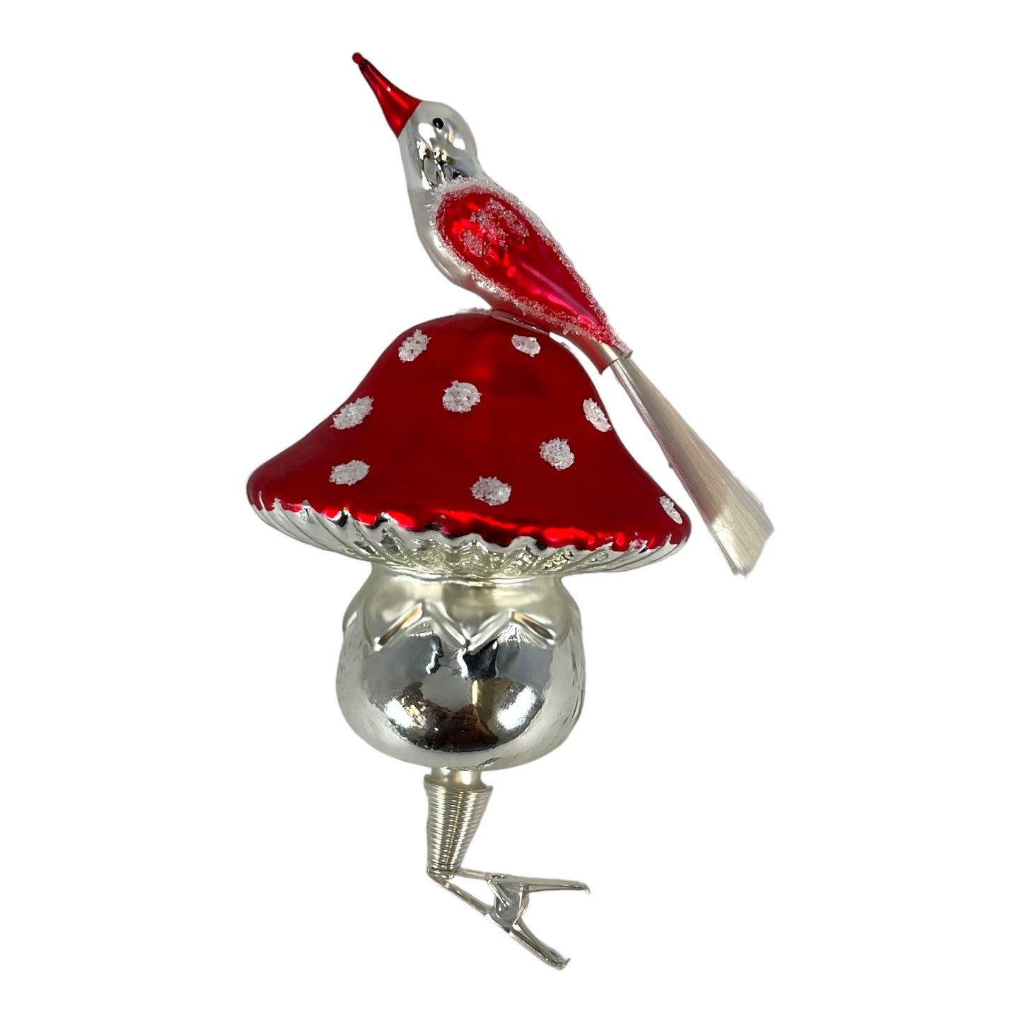 Red Top Mushroom with Bird Perched on Top Clip Ornament
