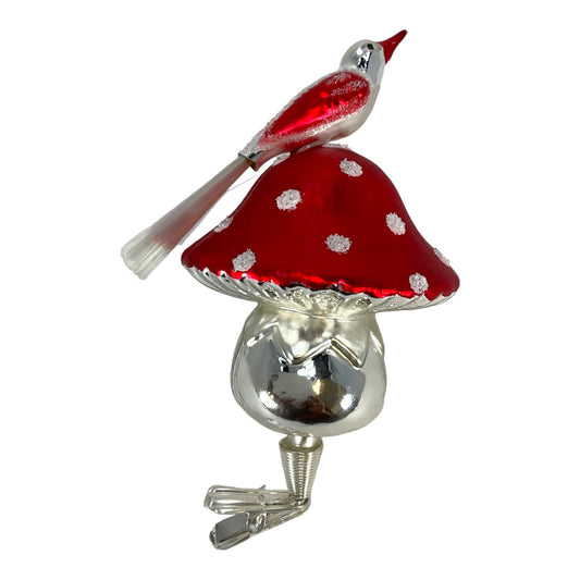 Red Top Mushroom with Bird Perched on Top Clip Ornament