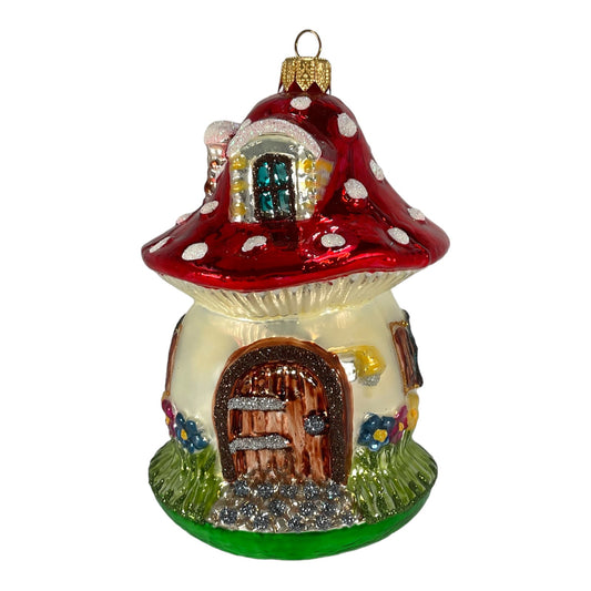 Cottage Mushroom House Hanging German Glass Christmas Ornament