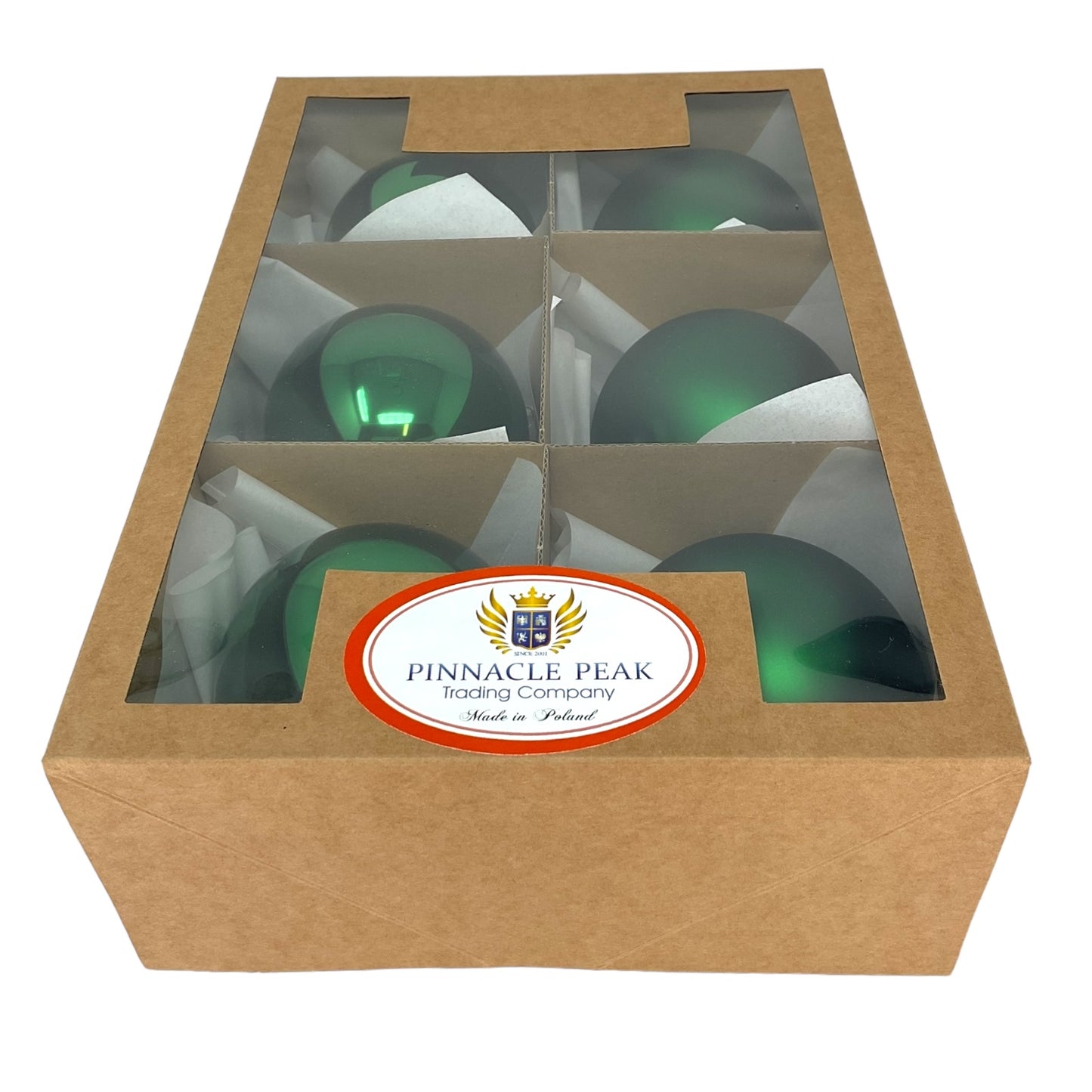 Pinnacle Peak Trading Christmas Green Shiny and Matte Polish Glass 80mm Ball Bauble Ornaments 6 Piece Made in Poland 3.1 Inch