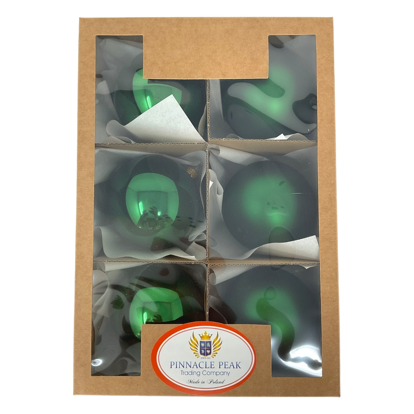 Pinnacle Peak Trading Christmas Green Shiny and Matte Polish Glass 80mm Ball Bauble Ornaments 6 Piece Made in Poland 3.1 Inch