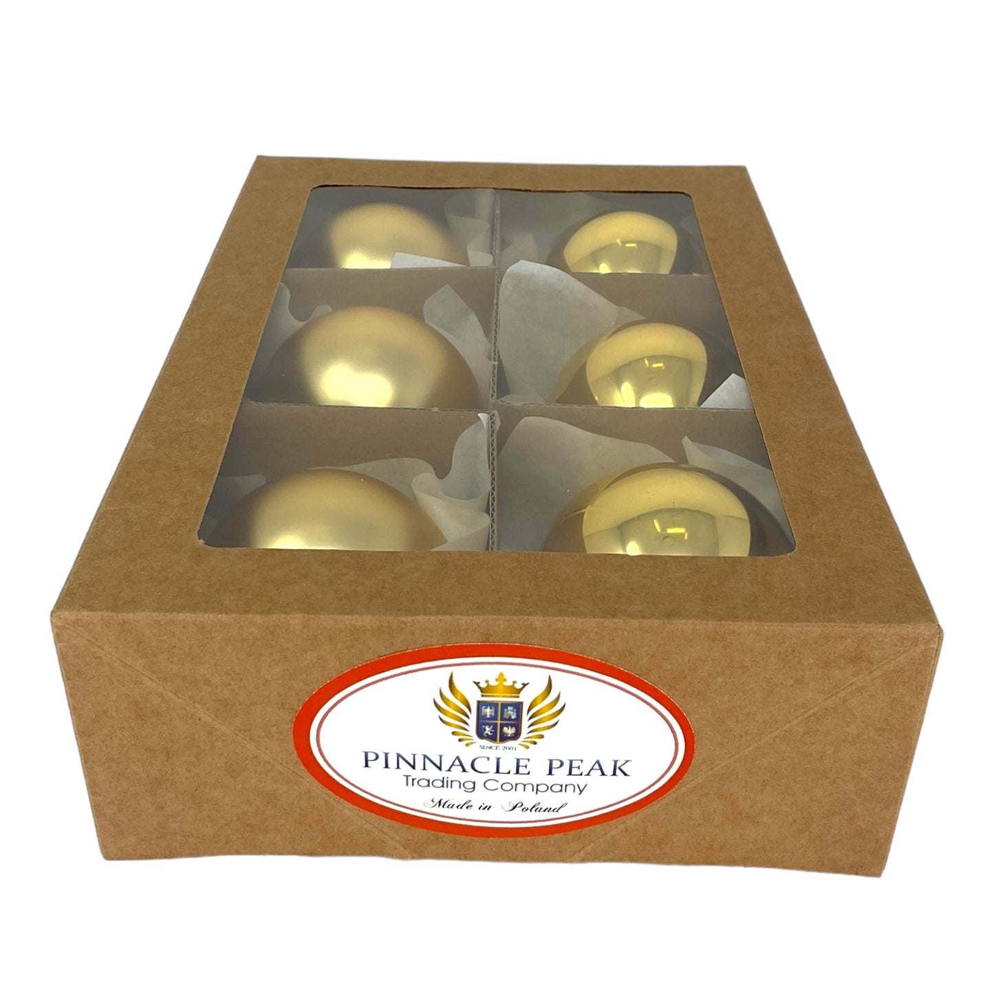 Pinnacle Peak Trading Gold Shiny and Matte Polish Glass 60mm Ball Bauble Ornaments 6 Piece Made in Poland 2.4 Inch