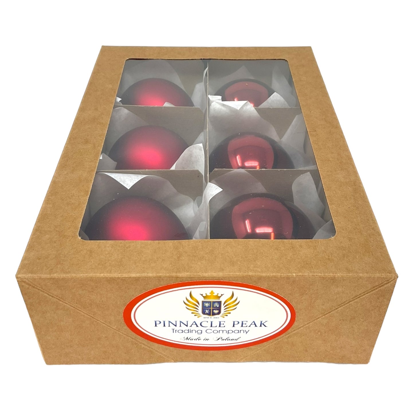 Pinnacle Peak Trading Burgundy Shiny and Matte Polish Glass 60mm Ball Bauble Ornaments 6 Piece Made in Poland 2.4 Inch