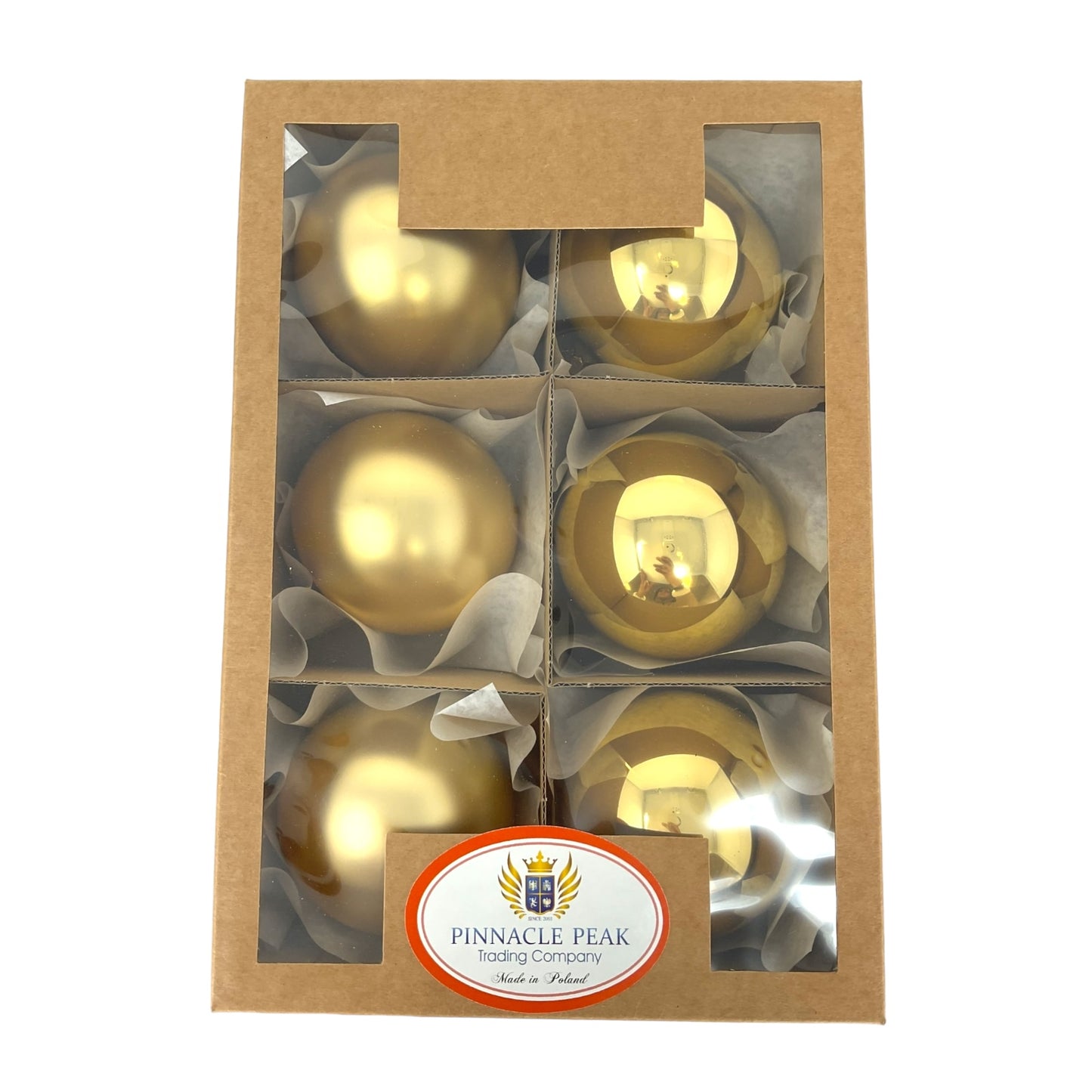 Pinnacle Peak Trading Gold Shiny and Matte Polish Glass 80mm Ball Bauble Ornaments 6 Piece Made in Poland 3.1 Inch