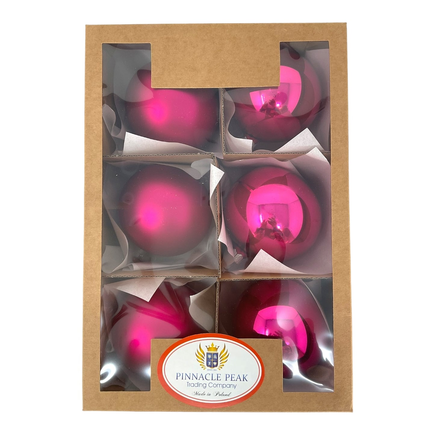 Pinnacle Peak Trading Pink Shiny and Matte Polish Glass 80mm Ball Bauble Ornaments 6 Piece Made in Poland 3.1 Inch