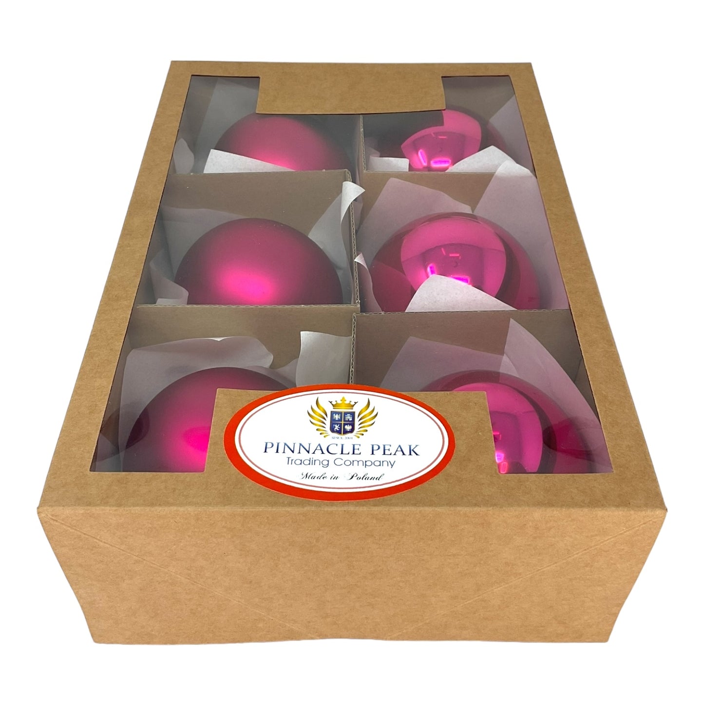 Pinnacle Peak Trading Pink Shiny and Matte Polish Glass 80mm Ball Bauble Ornaments 6 Piece Made in Poland 3.1 Inch