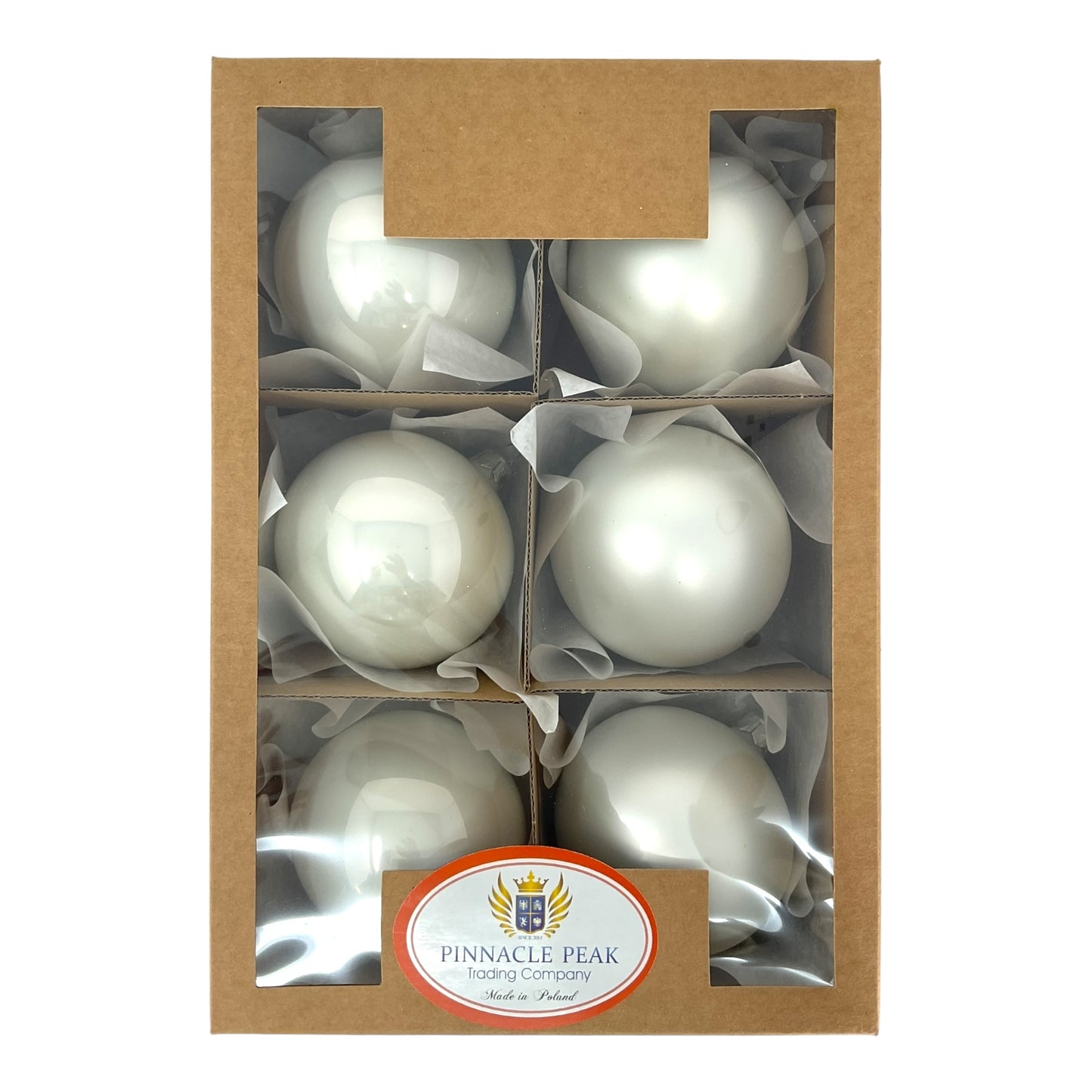 Pinnacle Peak Trading White Shiny and Matte Polish Glass 80mm Ball Bauble Ornaments 6 Piece Made in Poland 3.1 Inch