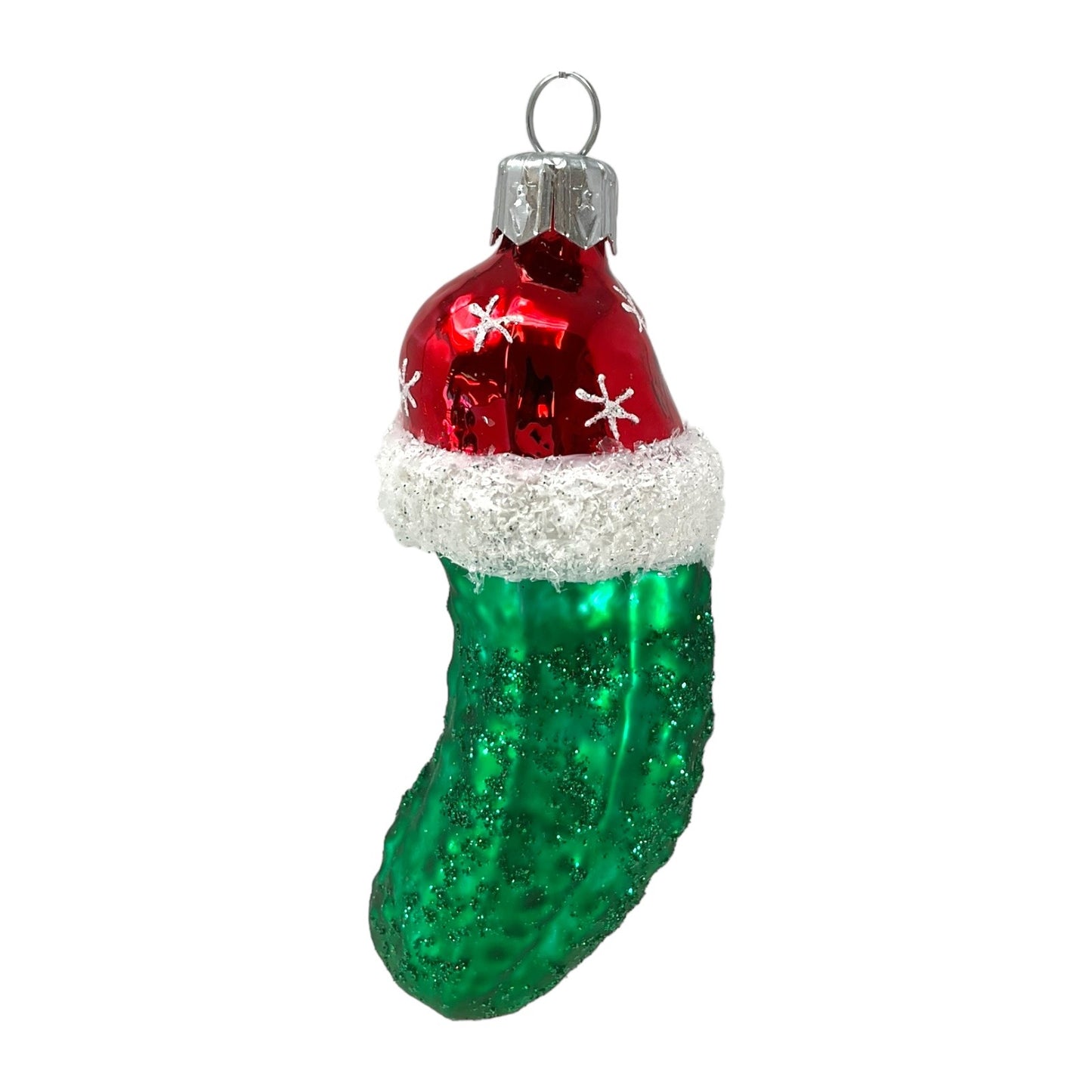 Pinnacle Peak Trading Christmas Pickle Wearing Snowflake Santa Hat Polish Glass Ornament 4 inch