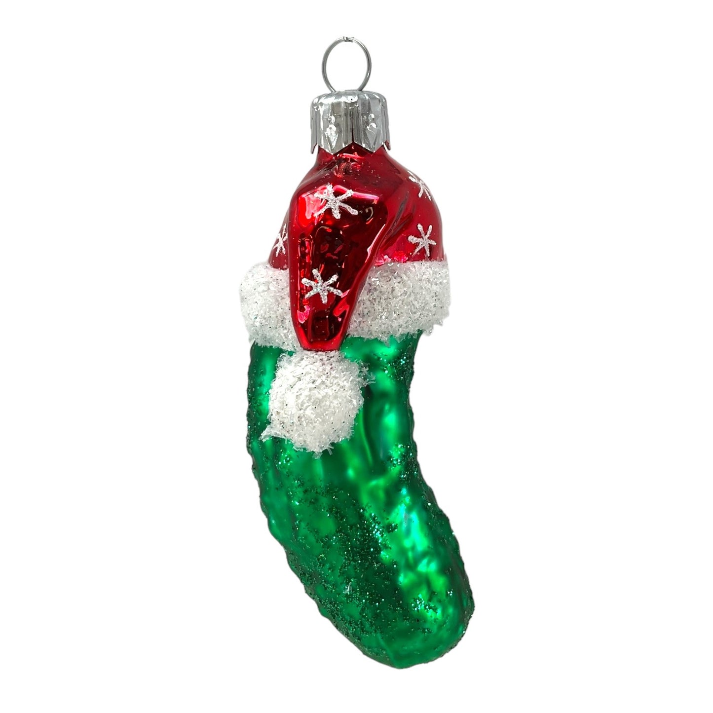 Pinnacle Peak Trading Christmas Pickle Wearing Snowflake Santa Hat Polish Glass Ornament 4 inch