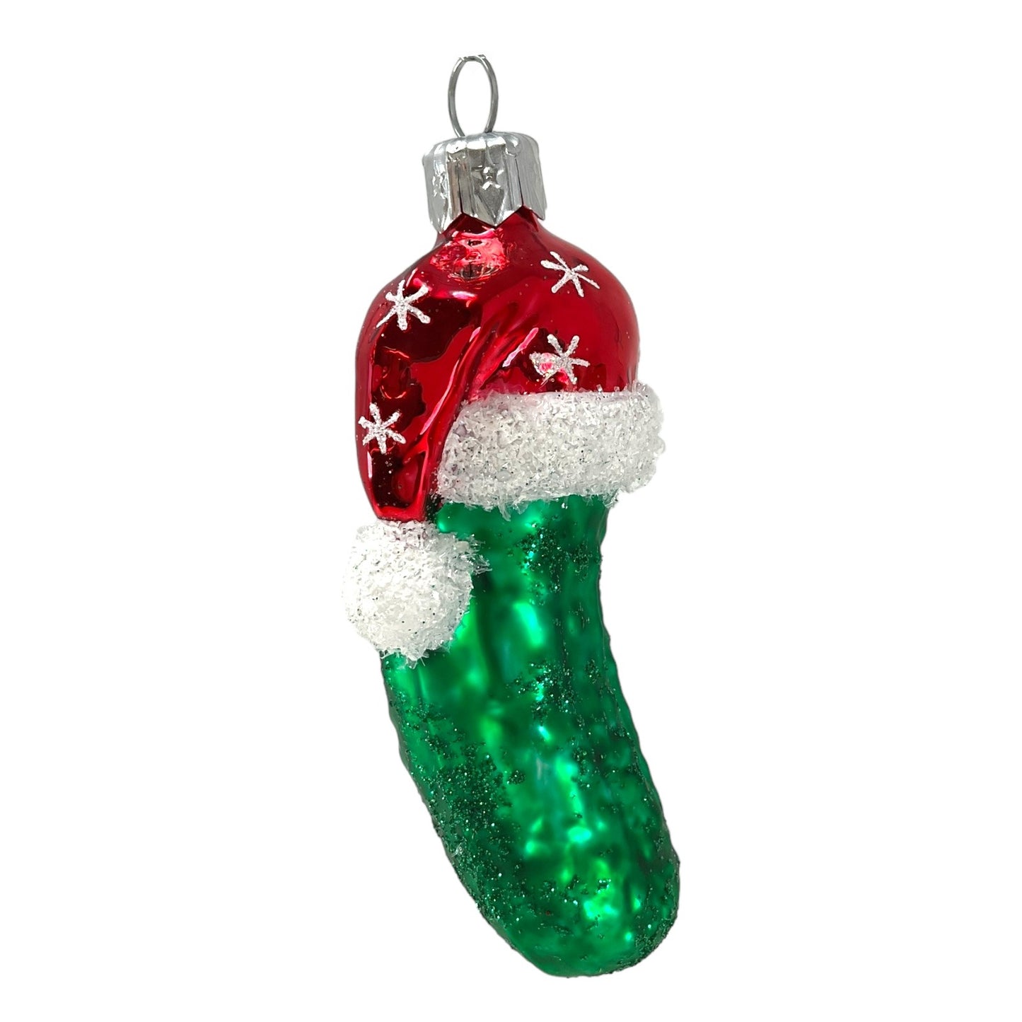 Pinnacle Peak Trading Christmas Pickle Wearing Snowflake Santa Hat Polish Glass Ornament 4 inch