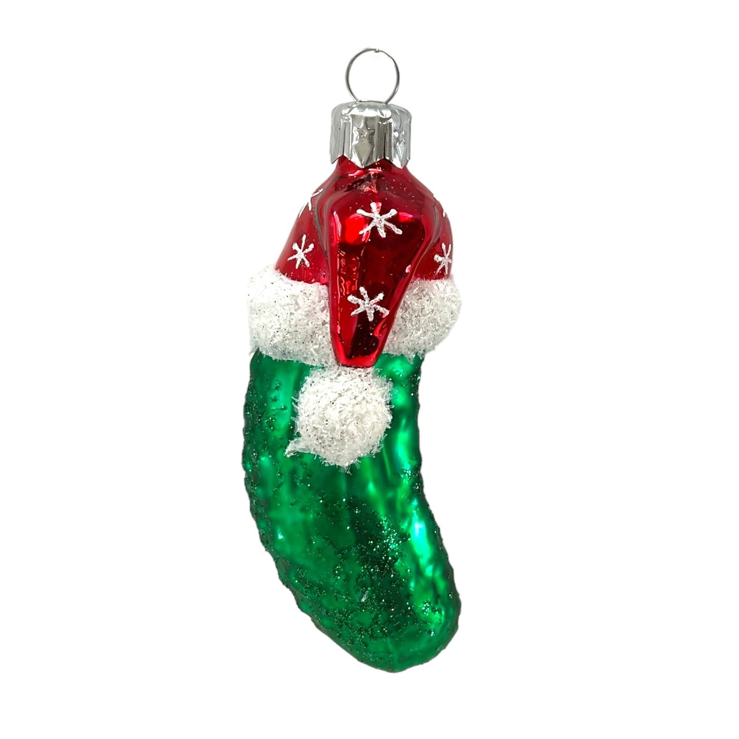Pinnacle Peak Trading Christmas Pickle Wearing Snowflake Santa Hat Polish Glass Ornament 4 inch