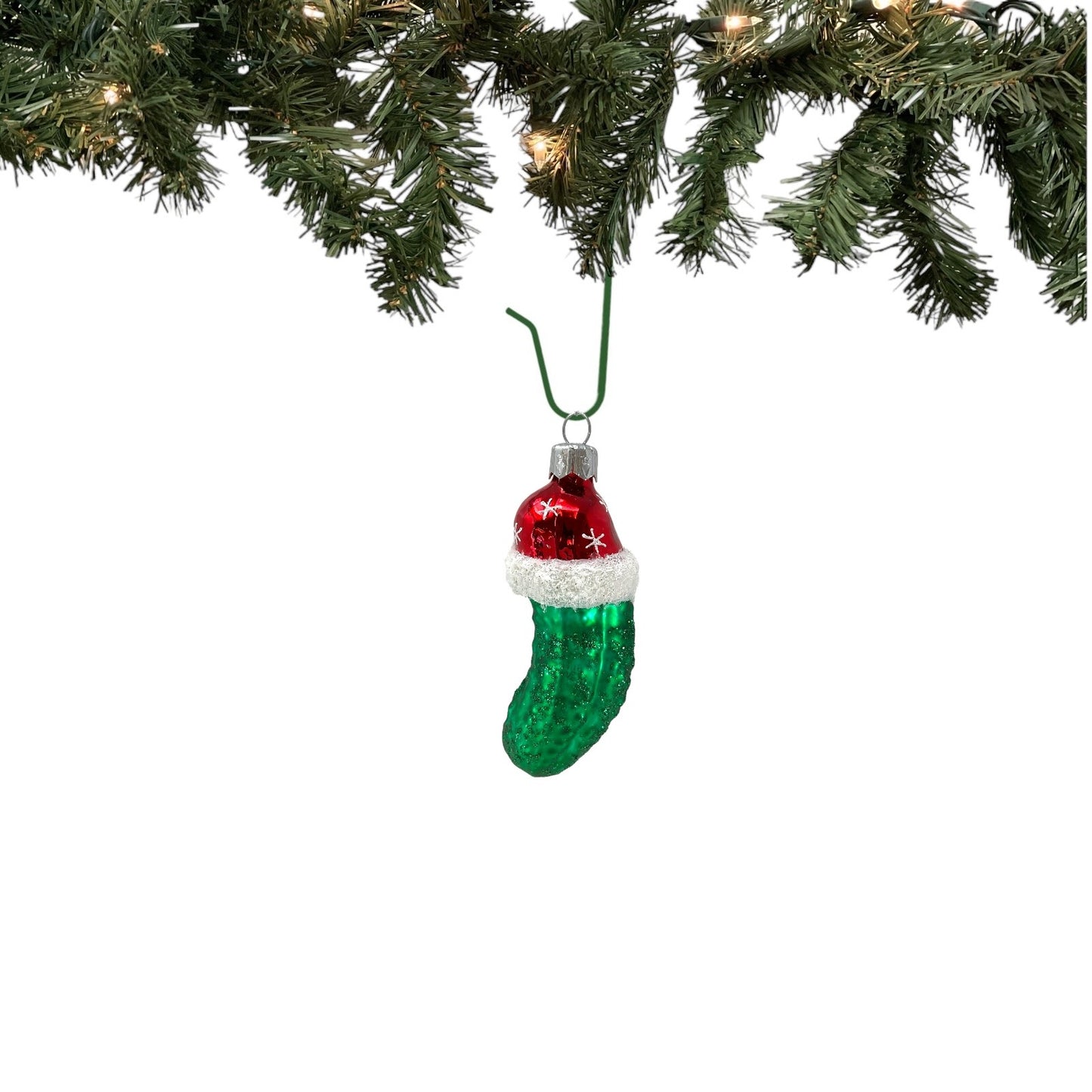 Pinnacle Peak Trading Christmas Pickle Wearing Snowflake Santa Hat Polish Glass Ornament 4 inch